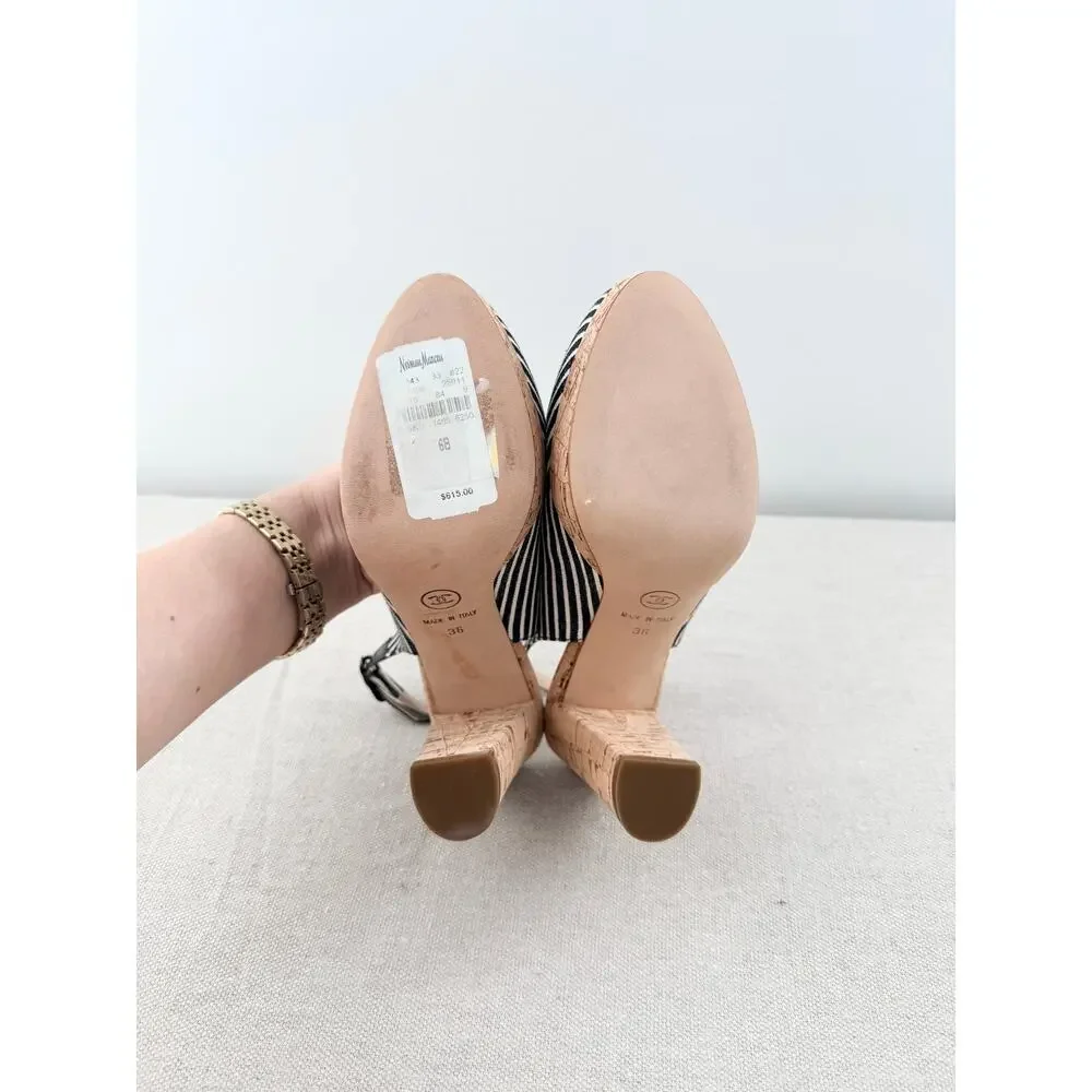 Chanel Stripe Canvas CC Logo Cork Sling Back Sandals Black White Women's EU 36 - Picture 6 of 6